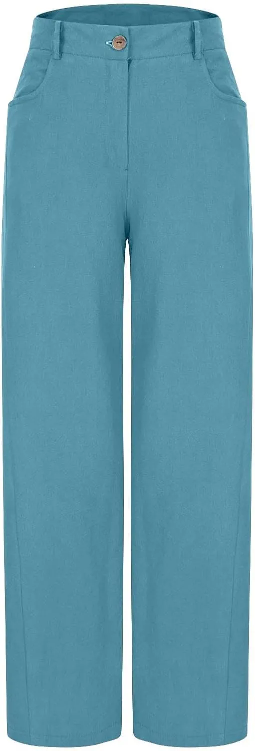 Womens Cotton Linen Palazzo Pants Summer Baggy Wide Leg Button Down Trousers Business Casual Slacks with Pockets