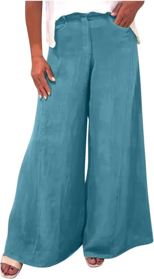 Womens Cotton Linen Palazzo Pants Summer Baggy Wide Leg Button Down Trousers Business Casual Slacks with Pockets