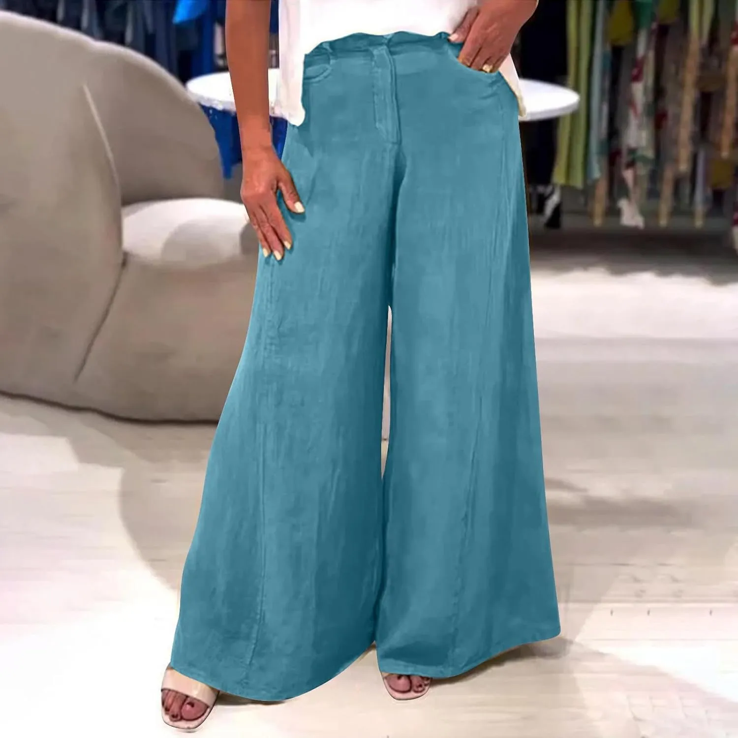 Womens Cotton Linen Palazzo Pants Summer Baggy Wide Leg Button Down Trousers Business Casual Slacks with Pockets