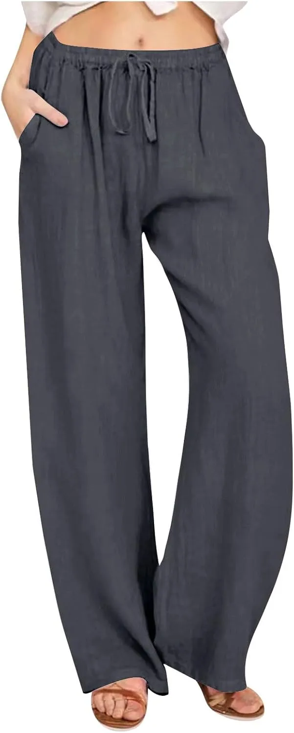 Women's Cotton Linen Pants Elastic High Waist Drawstring Wide Leg Palazzo Trousers with Pockets Vacation Outfits