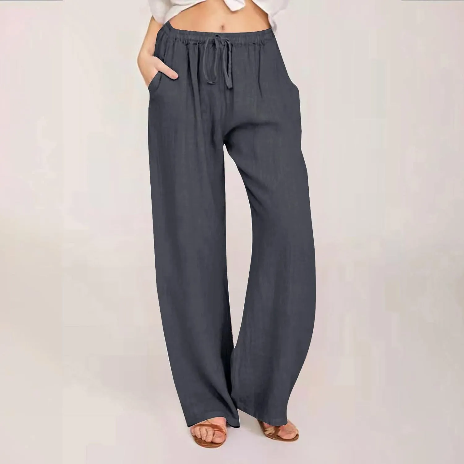 Women's Cotton Linen Pants Elastic High Waist Drawstring Wide Leg Palazzo Trousers with Pockets Vacation Outfits