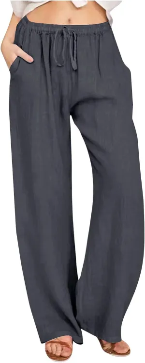 Women's Cotton Linen Pants Elastic High Waist Drawstring Wide Leg Palazzo Trousers with Pockets Vacation Outfits