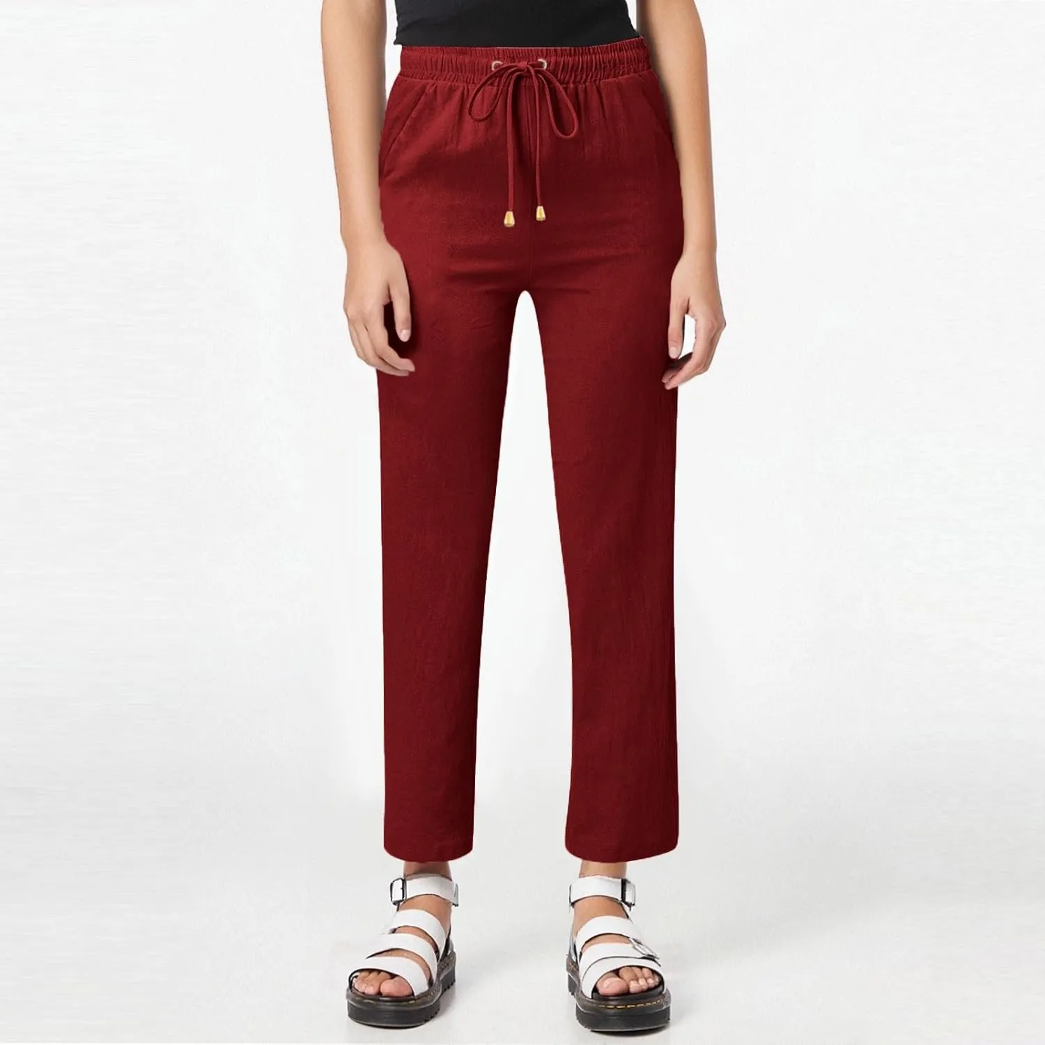 Womens Cotton Linen Pants Lightweight Summer Casual Relax Fit Elastic Waist Plus Size Solid Lounge Long Trousers