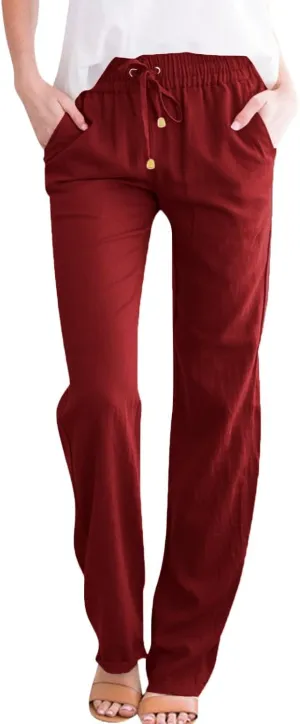 Womens Cotton Linen Pants Lightweight Summer Casual Relax Fit Elastic Waist Plus Size Solid Lounge Long Trousers