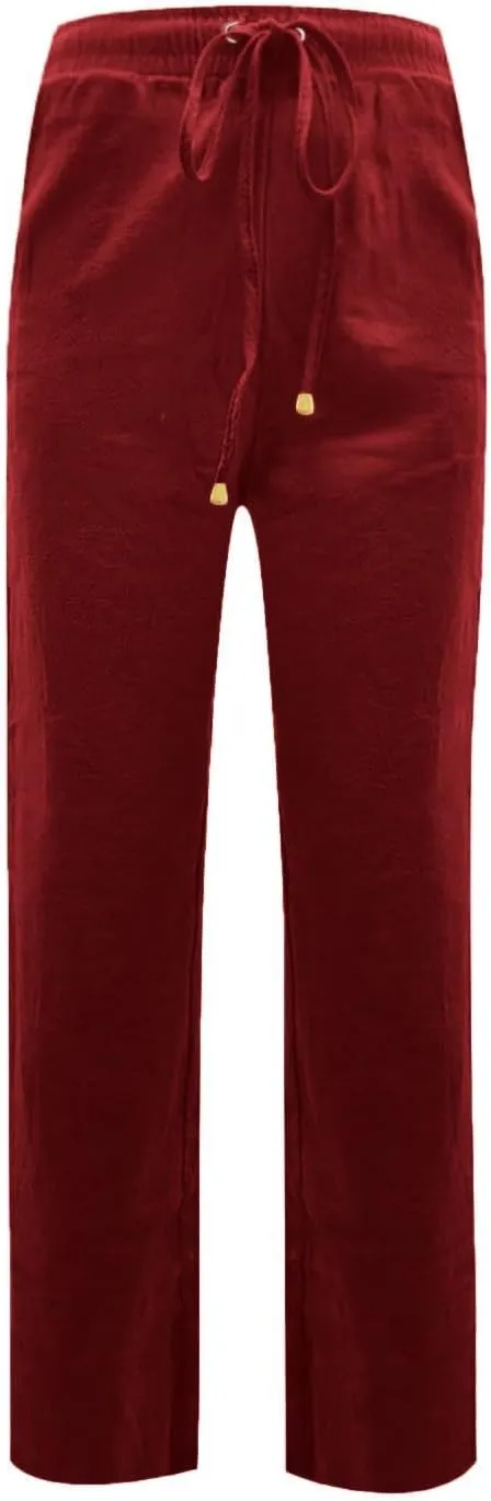 Womens Cotton Linen Pants Lightweight Summer Casual Relax Fit Elastic Waist Plus Size Solid Lounge Long Trousers