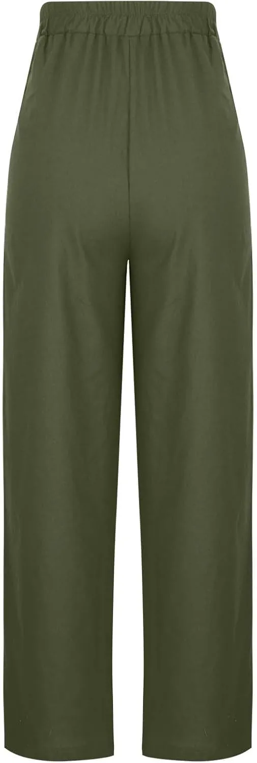 Womens Cotton Linen Wide Leg Pants Elastic High Waist Tie Knot Beach Casual Trousers Lightweight Straight Leg Pant