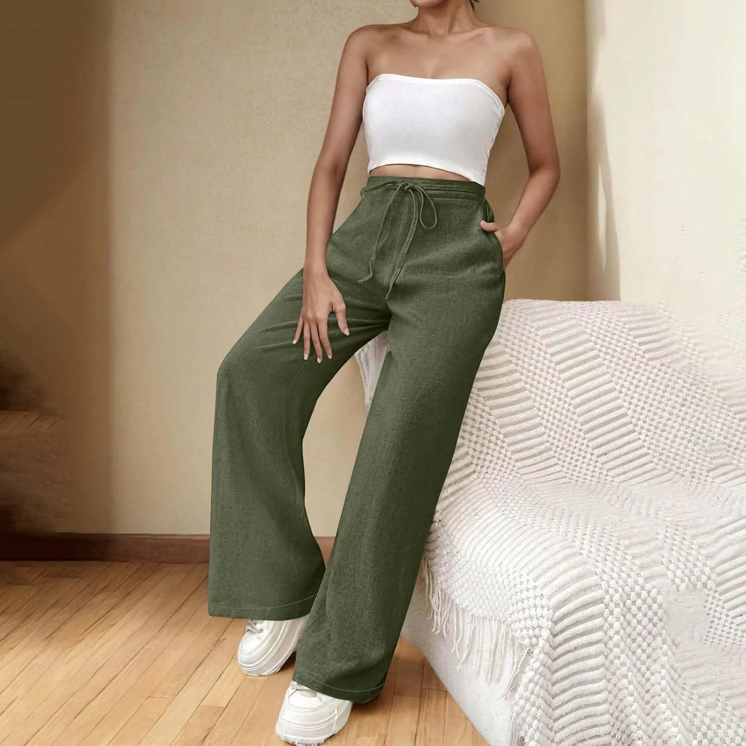 Womens Cotton Linen Wide Leg Pants Elastic High Waist Tie Knot Beach Casual Trousers Lightweight Straight Leg Pant