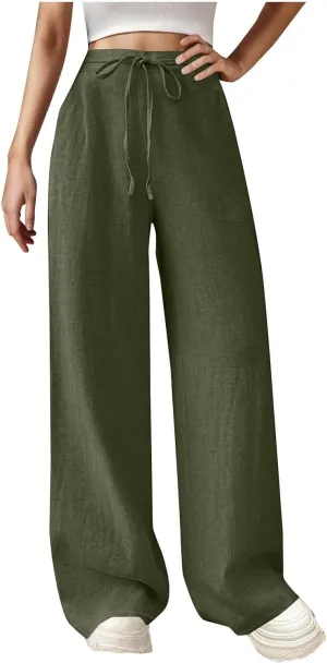 Womens Cotton Linen Wide Leg Pants Elastic High Waist Tie Knot Beach Casual Trousers Lightweight Straight Leg Pant
