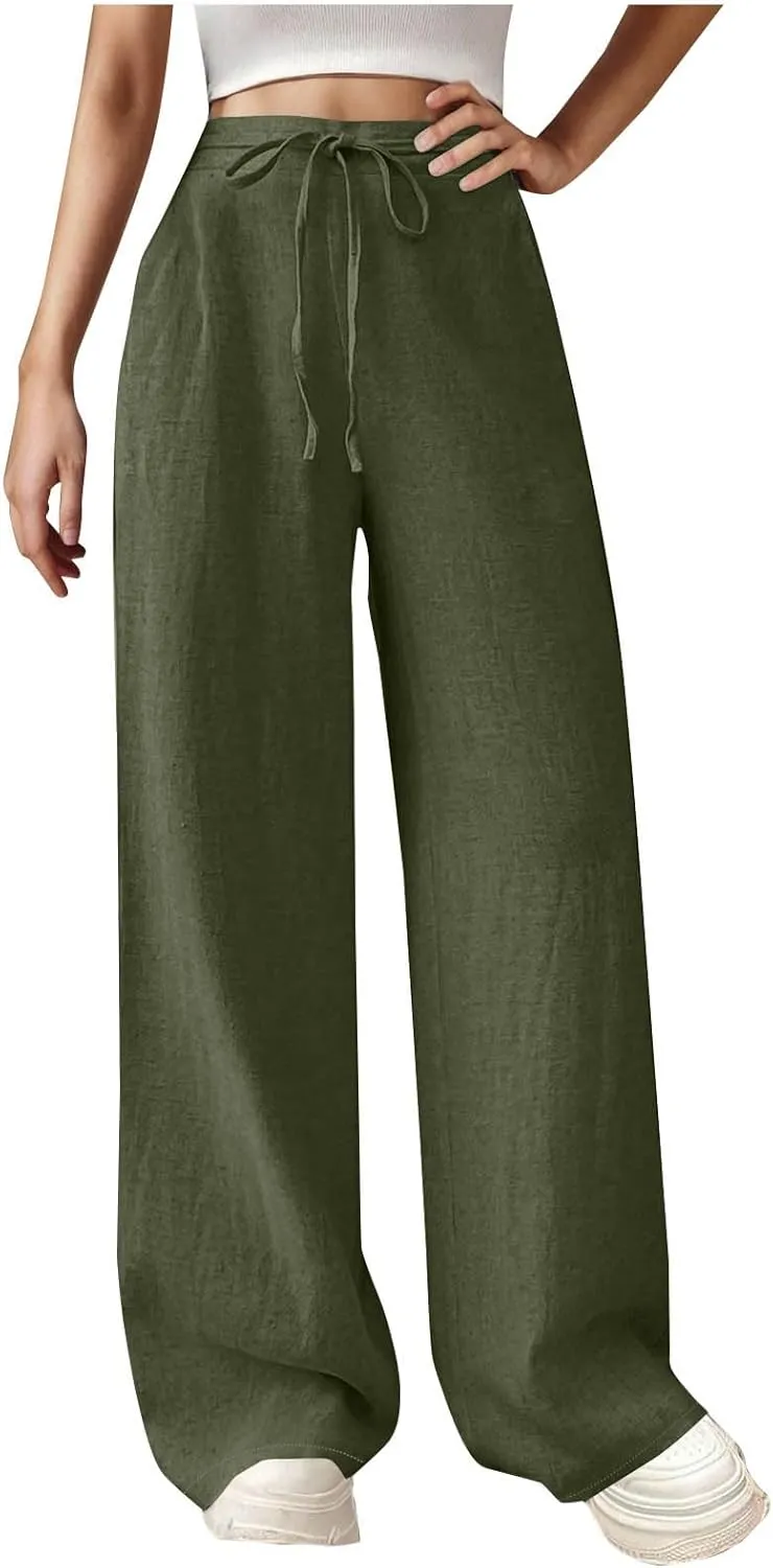Womens Cotton Linen Wide Leg Pants Elastic High Waist Tie Knot Beach Casual Trousers Lightweight Straight Leg Pant