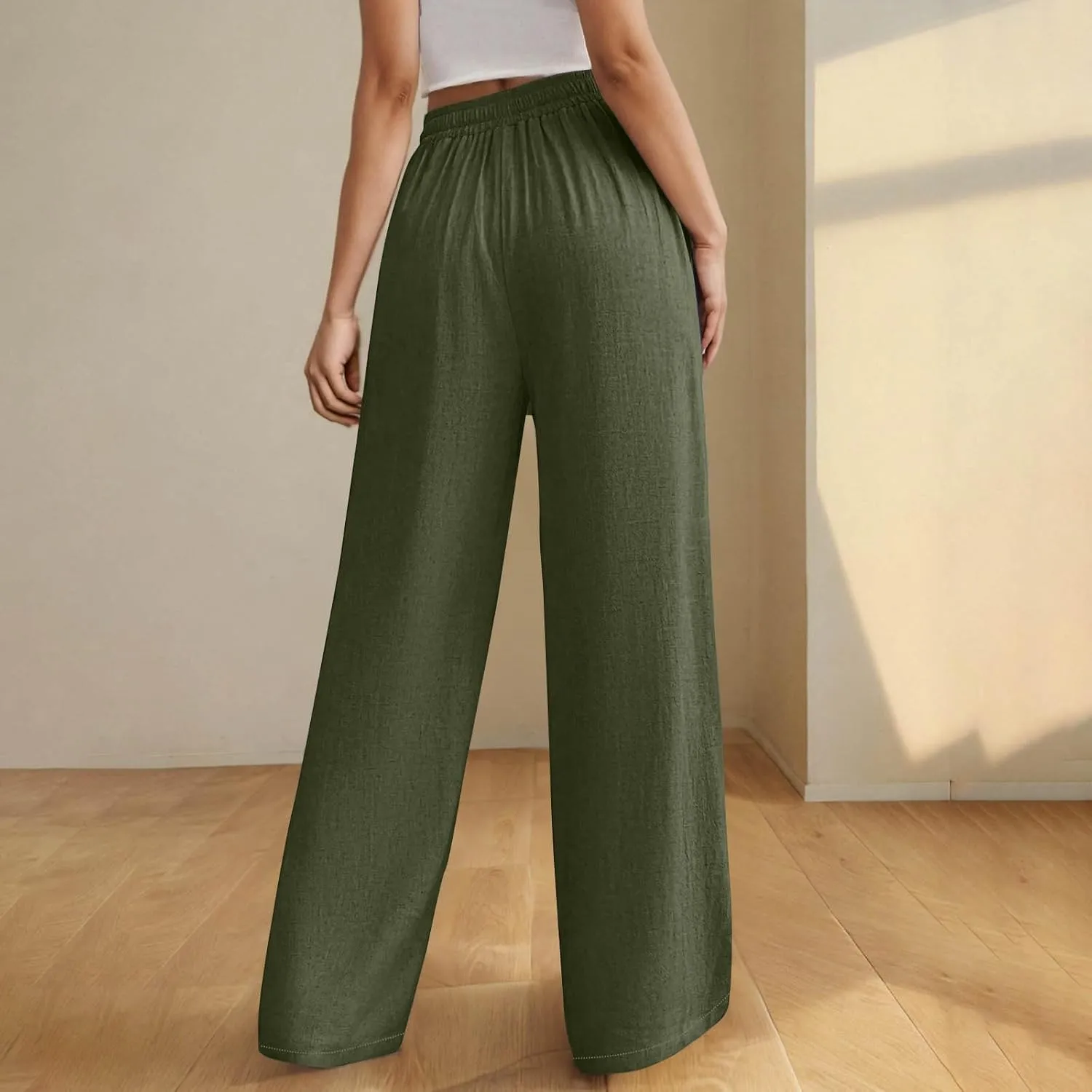 Womens Cotton Linen Wide Leg Pants Elastic High Waist Tie Knot Beach Casual Trousers Lightweight Straight Leg Pant
