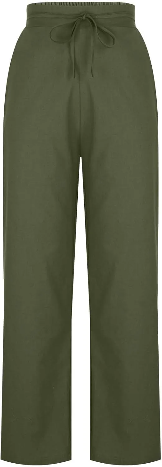 Womens Cotton Linen Wide Leg Pants Elastic High Waist Tie Knot Beach Casual Trousers Lightweight Straight Leg Pant