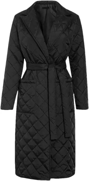 Women's Cotton-Padded Coat Lapel Loose Quilting Sashes Long Sleeve Pockets Parka Jackets Black XL