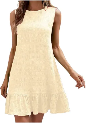 Women's Crewneck Ruffle Hem A Line Dresses Sleeveless Elegant Flowy Mini Dress Summer Casual Cute Beach Sundress