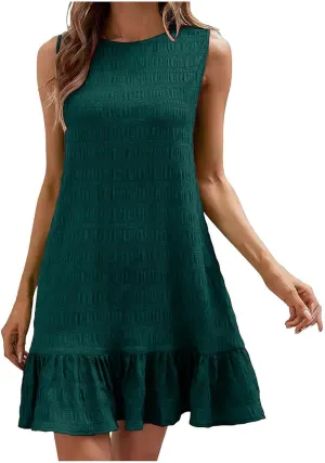 Women's Crewneck Ruffle Hem A Line Dresses Sleeveless Elegant Flowy Mini Dress Summer Casual Cute Beach Sundress