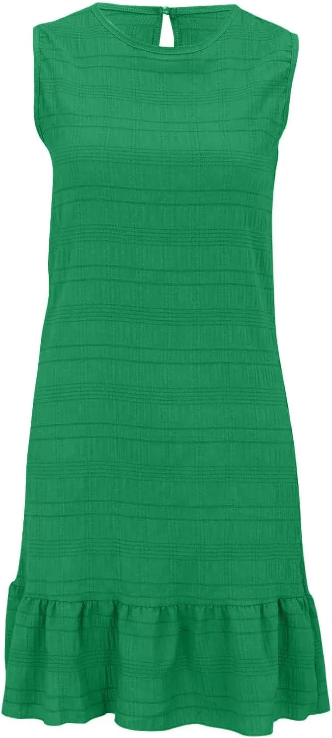 Women's Crewneck Ruffle Hem A Line Dresses Sleeveless Elegant Flowy Mini Dress Summer Casual Cute Beach Sundress