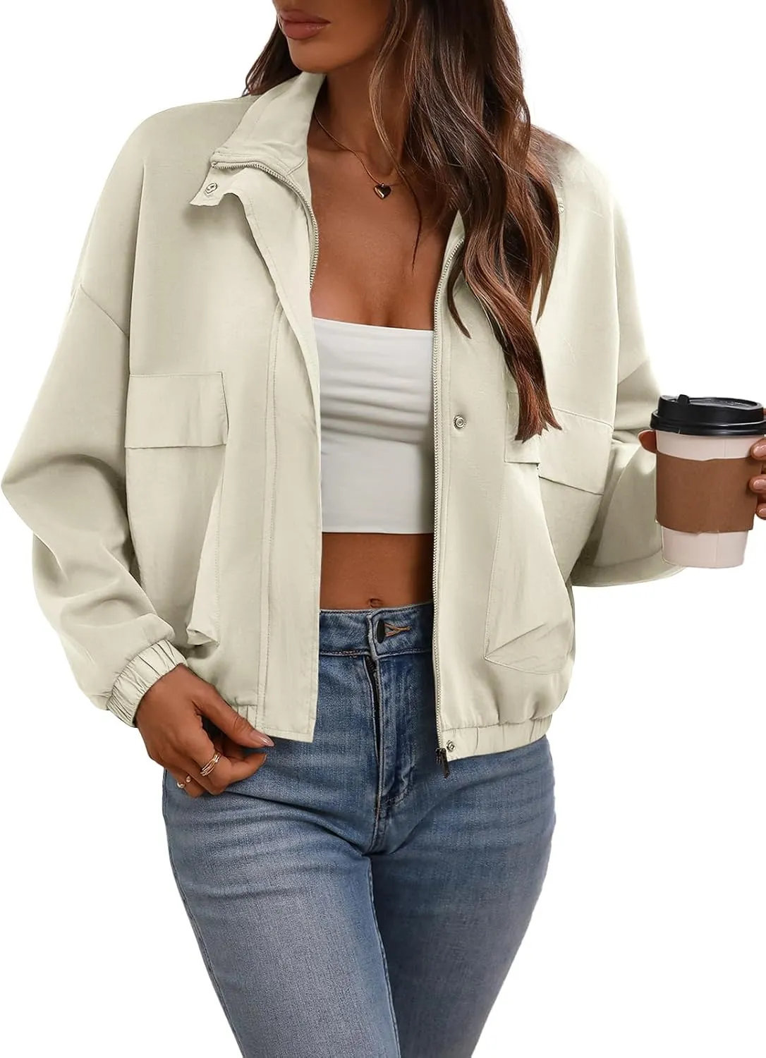 Women's Cropped Oversized Safari Jackets Zip Up Stand Collar Neck Long Sleeve Utility Anorak jacket with Pocket