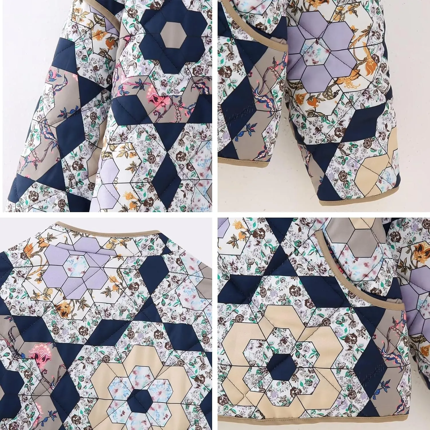 Women's Cropped Puffer Quilted Jacket, Vintage Floral Printed, Lightweight Open Front Short Jacket Coat Outwear