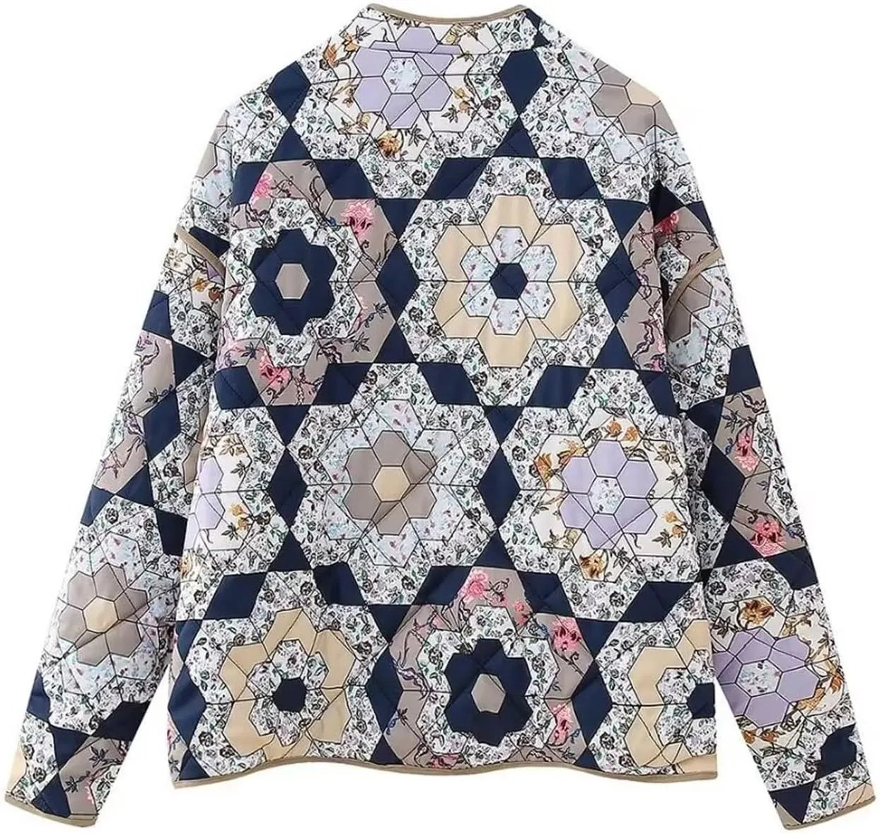 Women's Cropped Puffer Quilted Jacket, Vintage Floral Printed, Lightweight Open Front Short Jacket Coat Outwear
