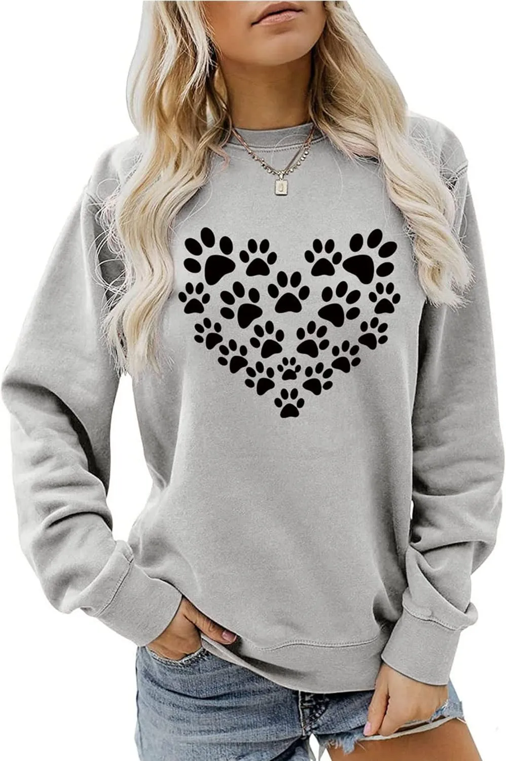 Womens Dog Mom Sweatshirts Cute Dog Paw Print Heart Graphic Long Sleeve Crewneck Casual Tee Tops