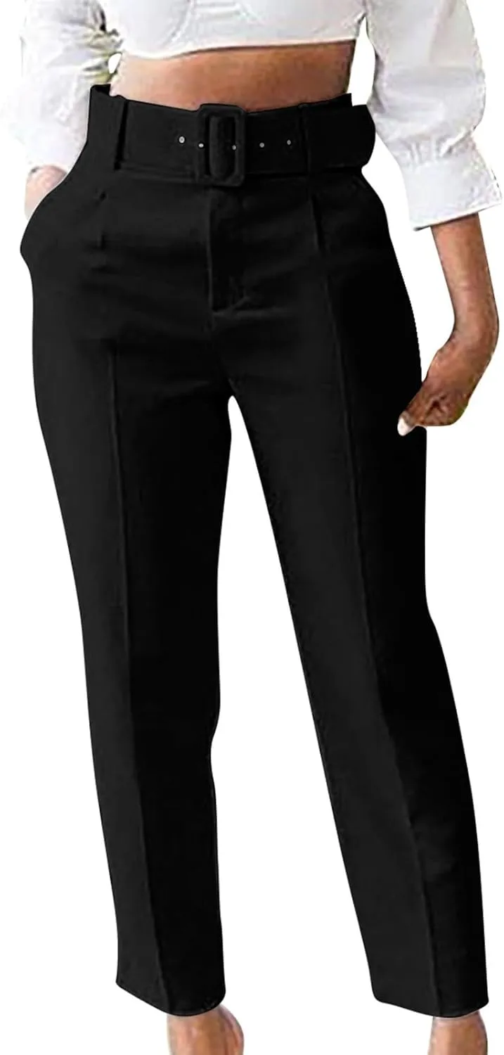 Women's Elegant High Waist Belted Pants Casual Pleated Straight Leg Trousers Office Suit Pants Trousers with Pockets
