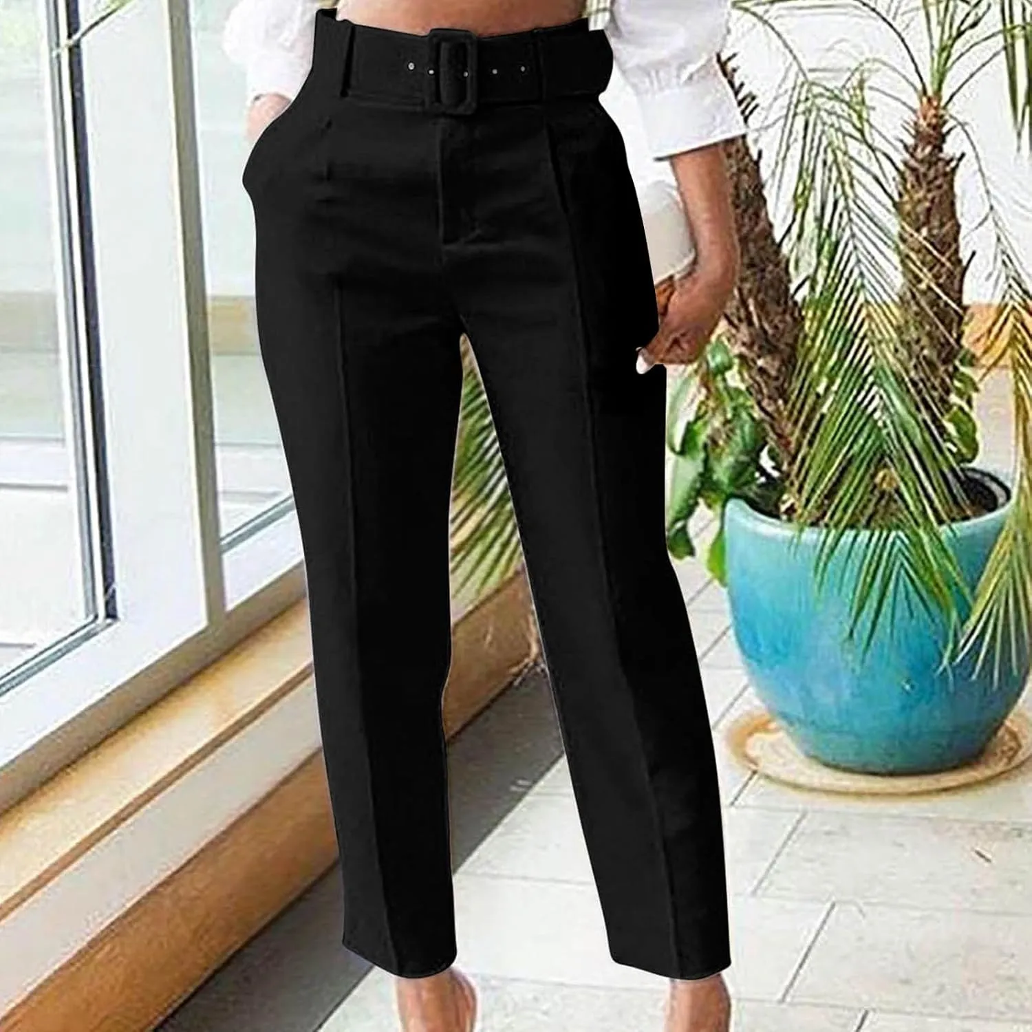 Women's Elegant High Waist Belted Pants Casual Pleated Straight Leg Trousers Office Suit Pants Trousers with Pockets