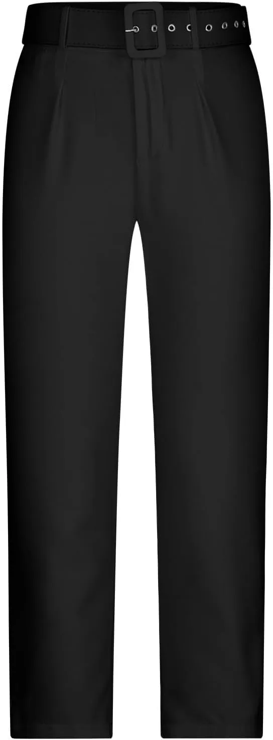 Women's Elegant High Waist Belted Pants Casual Pleated Straight Leg Trousers Office Suit Pants Trousers with Pockets