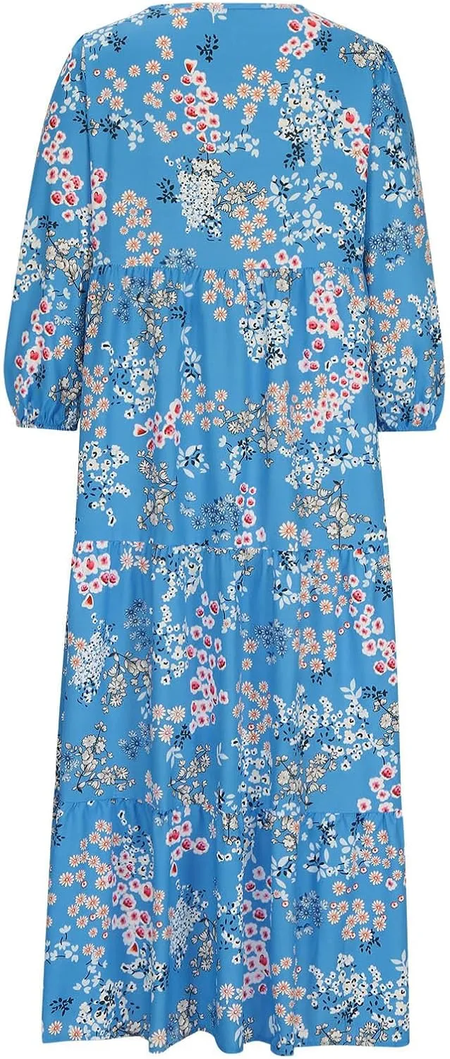Womens Fall Dresses Casual Lantern Sleeve Bohemian Floral Maxi Dress Elegant Flowy Swing Boho Beach Vacation Dresses