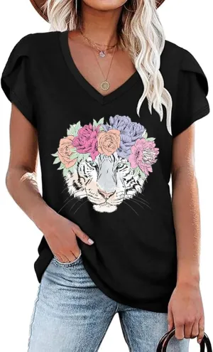 Womens Flamingo Print Tops Summer Sexy V Neck Petal Sleeve Casual Tee Tshirts S-3XL