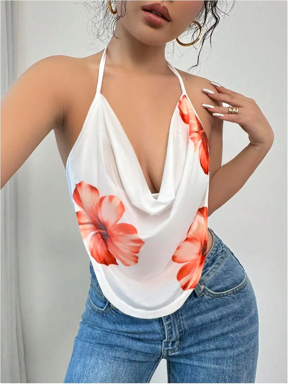 Women's Floral Draped Neck Halter Top Sleeveless Backless Crop Camisole Tops Clubwear