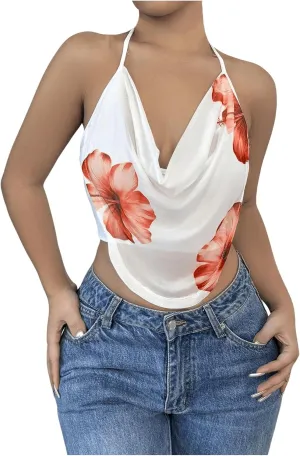 Women's Floral Draped Neck Halter Top Sleeveless Backless Crop Camisole Tops Clubwear
