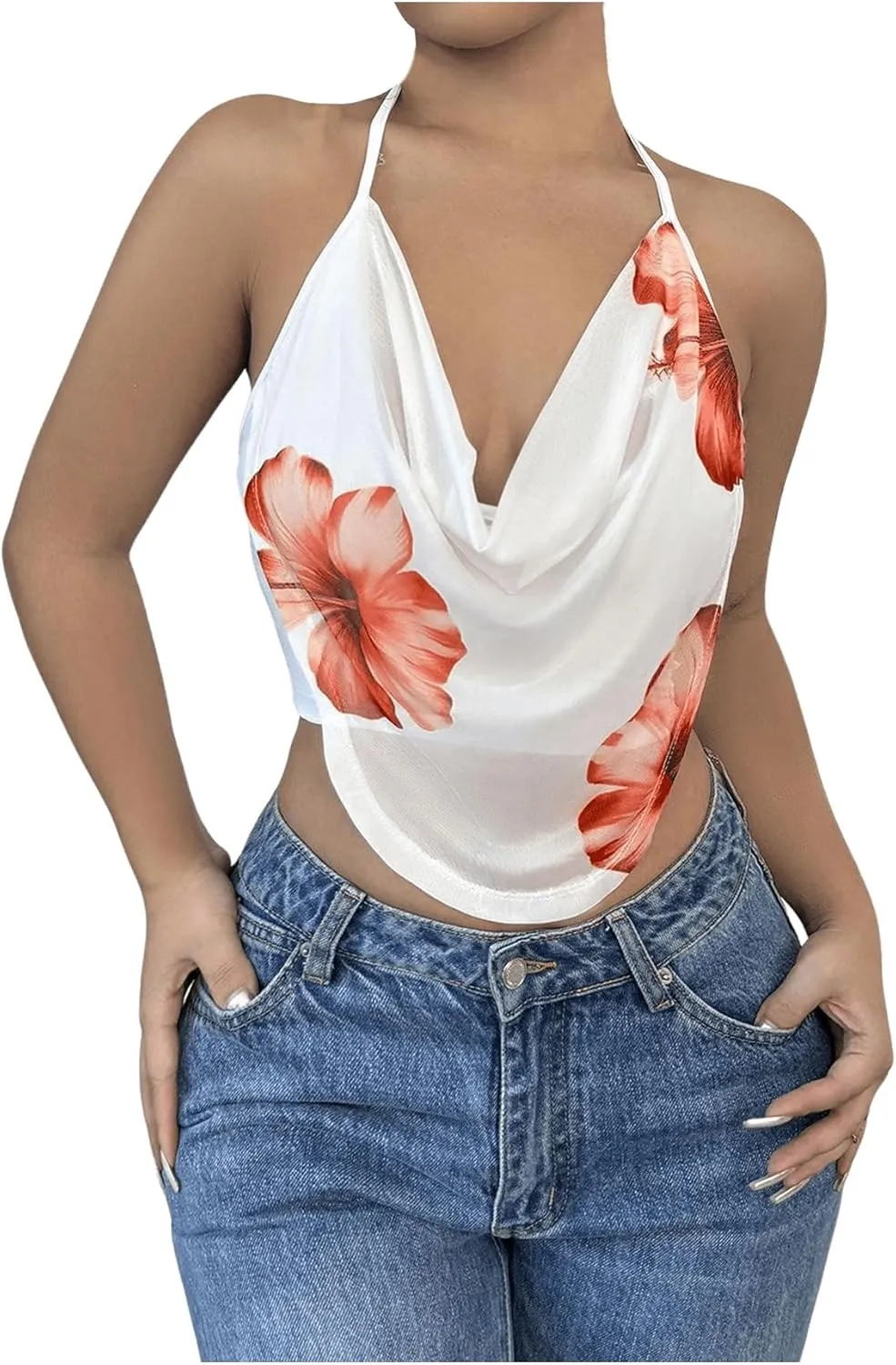 Women's Floral Draped Neck Halter Top Sleeveless Backless Crop Camisole Tops Clubwear