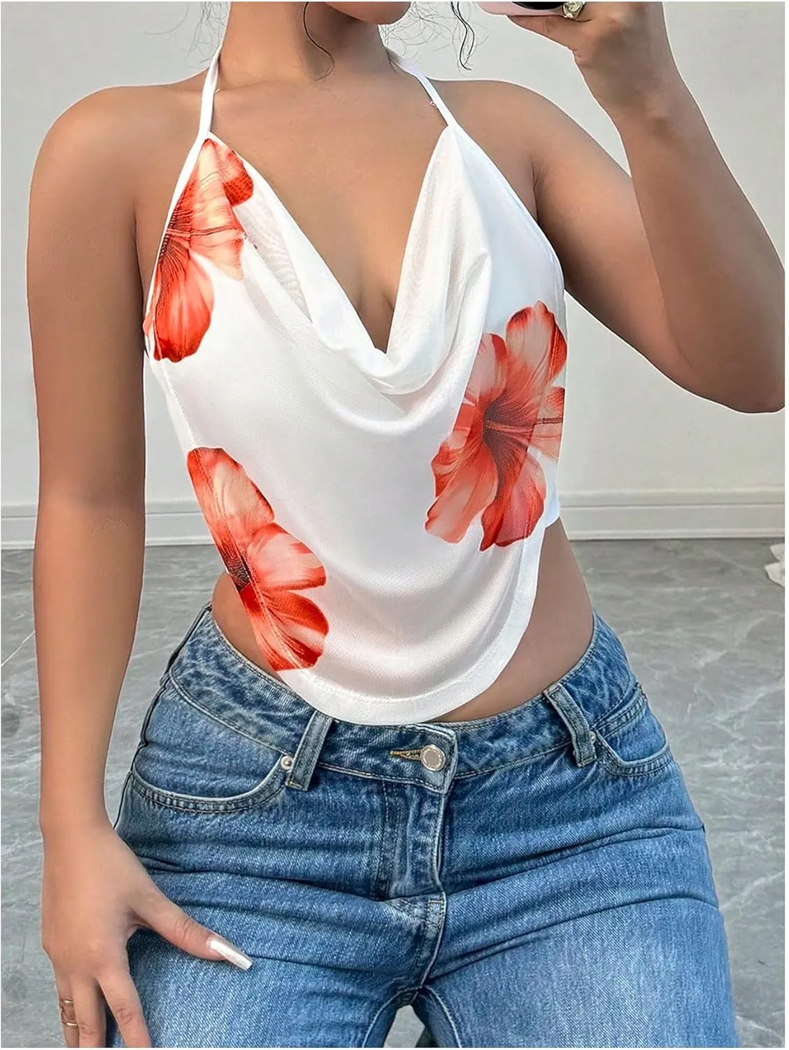 Women's Floral Draped Neck Halter Top Sleeveless Backless Crop Camisole Tops Clubwear
