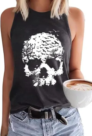 Womens Funny Skull Graphic Tank Tops Skeleton Funny Gothic Graphic Casual Sleeveless Shirts Novelty Horror Tee Tops