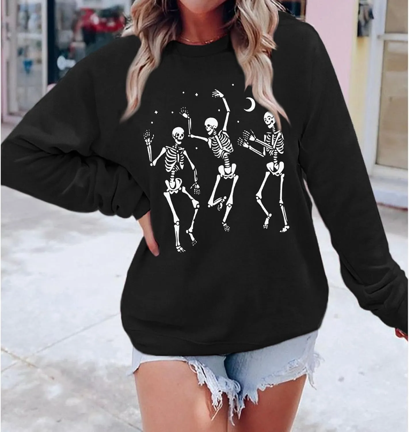 Women's Halloween Dancing Skeleton Sweatshirts Spooky Season Horror Skull Printed Pullover Shirt Oversized Tee Top