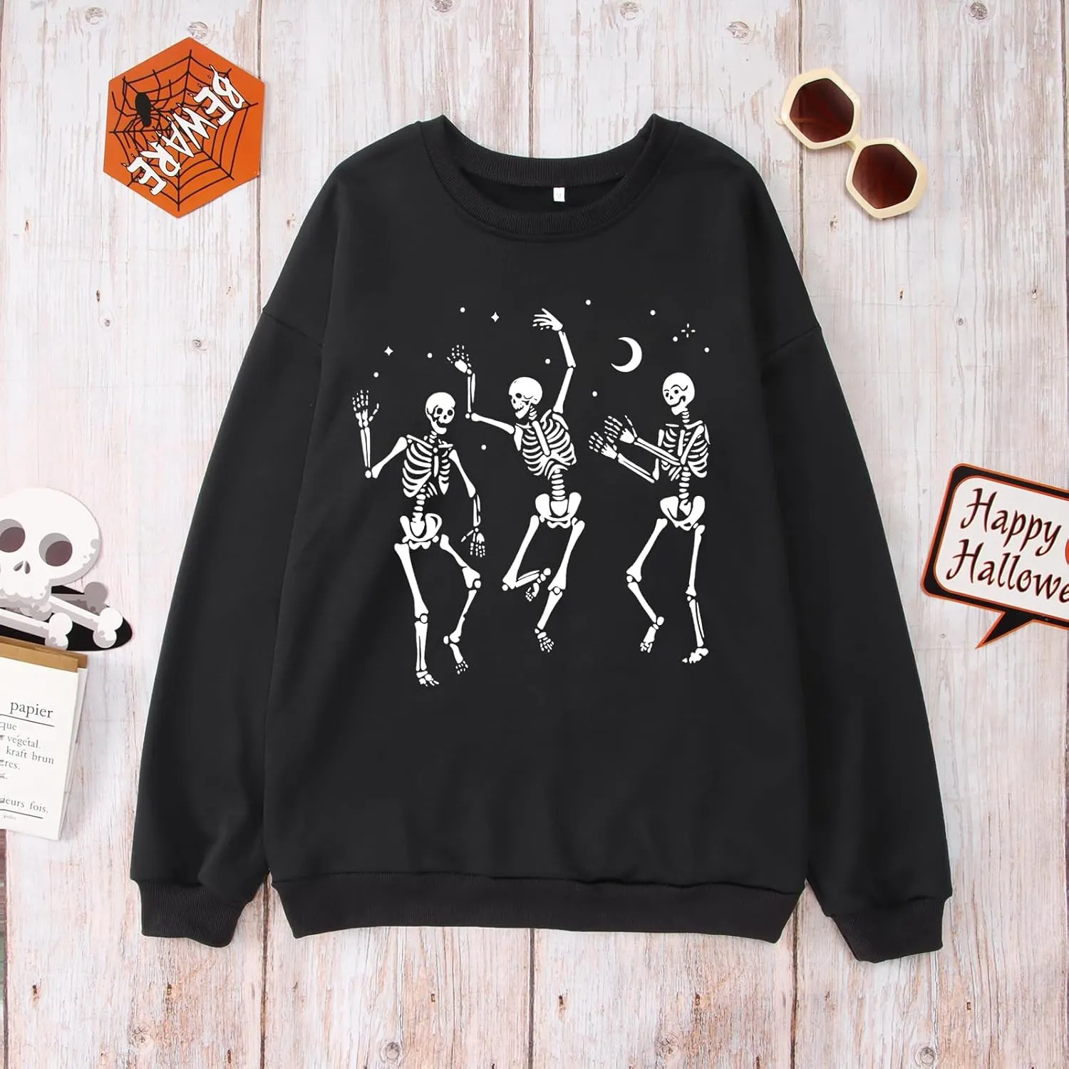 Women's Halloween Dancing Skeleton Sweatshirts Spooky Season Horror Skull Printed Pullover Shirt Oversized Tee Top