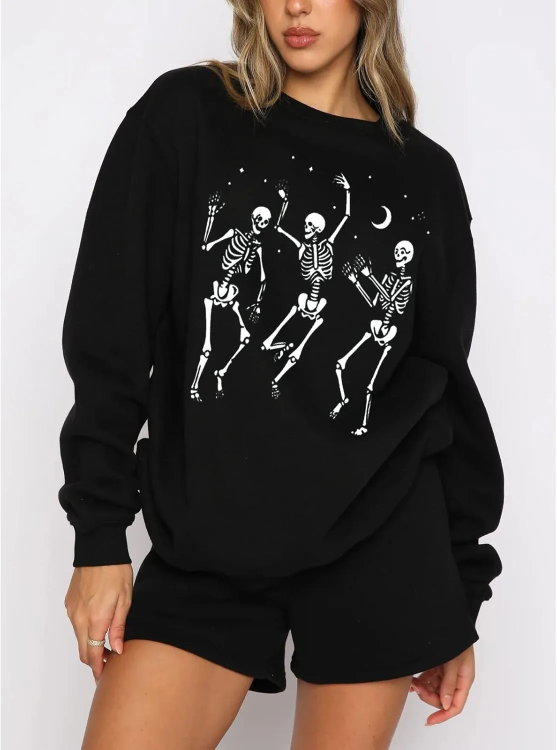 Women's Halloween Dancing Skeleton Sweatshirts Spooky Season Horror Skull Printed Pullover Shirt Oversized Tee Top