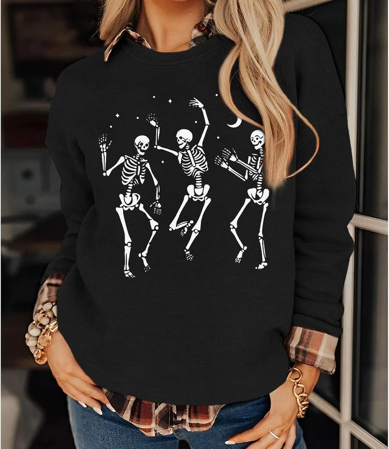 Women's Halloween Dancing Skeleton Sweatshirts Spooky Season Horror Skull Printed Pullover Shirt Oversized Tee Top