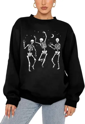 Women's Halloween Dancing Skeleton Sweatshirts Spooky Season Horror Skull Printed Pullover Shirt Oversized Tee Top