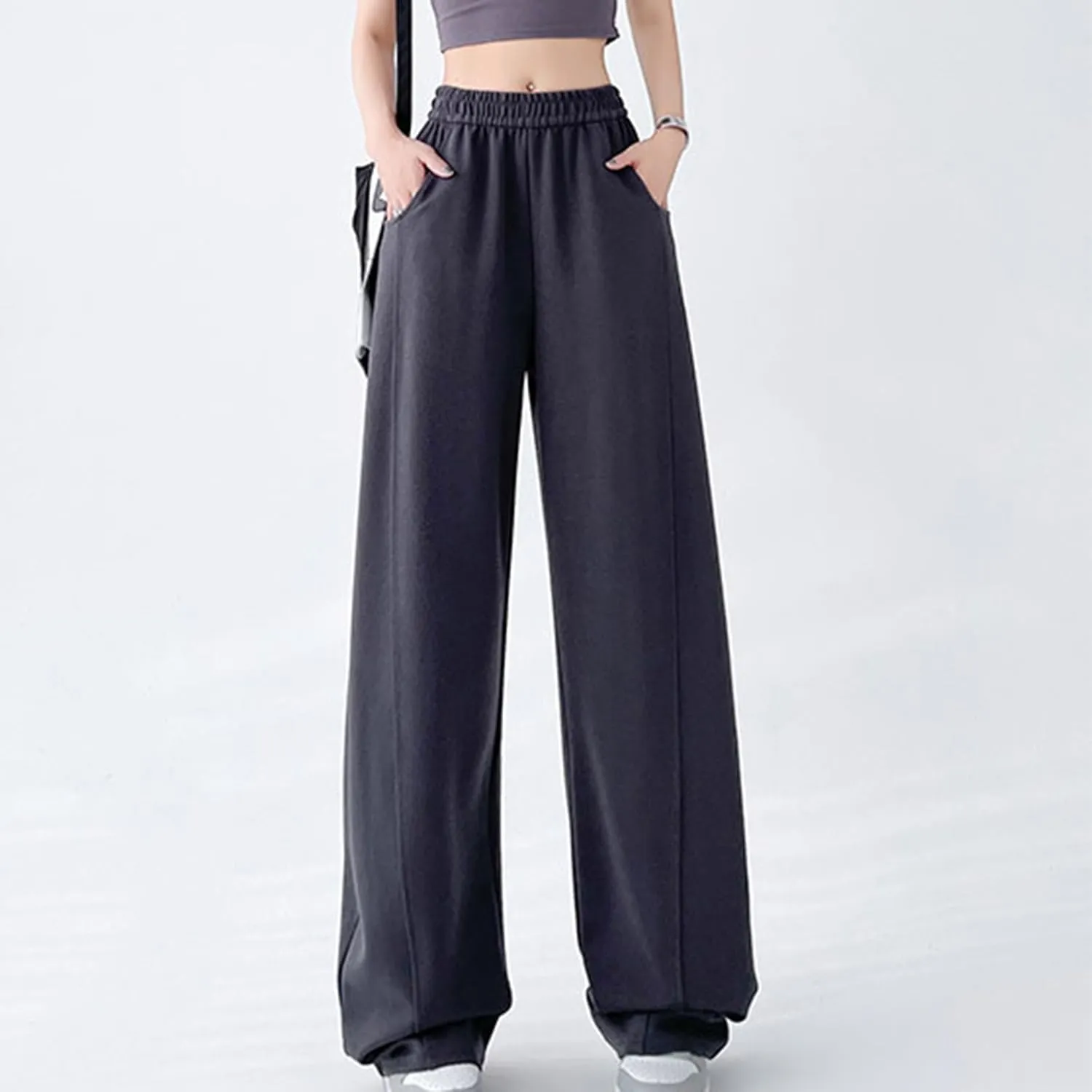 Womens High Rise Cargo Sweatpants Wide Leg Elastic Waist Pants Casual Loose Solid Color Lounge Trousers with Pockets