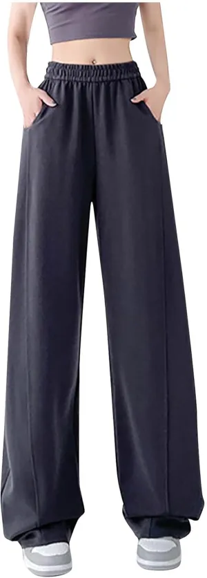 Womens High Rise Cargo Sweatpants Wide Leg Elastic Waist Pants Casual Loose Solid Color Lounge Trousers with Pockets