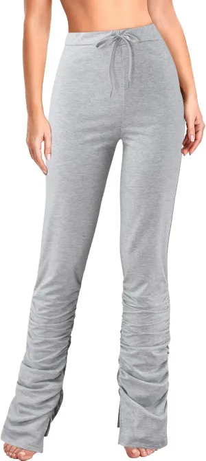 Womens High Waist Pants Elastic Waist Side Split Casual Pants Comfort Straight Leg Long Pants Lightweight for Women