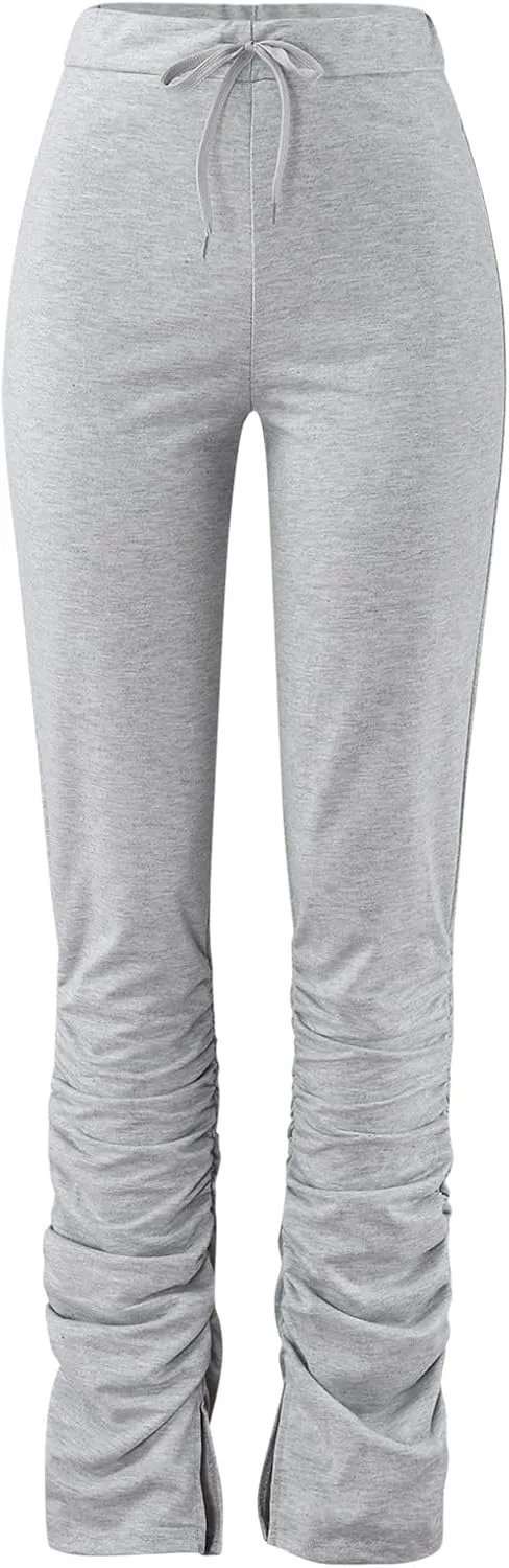 Womens High Waist Pants Elastic Waist Side Split Casual Pants Comfort Straight Leg Long Pants Lightweight for Women