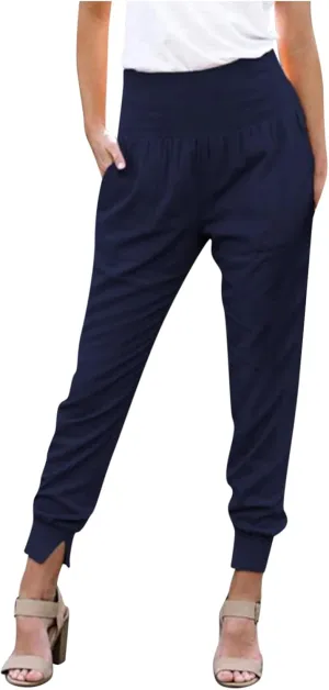 Womens High Waistband Pants Elastic Smocked Waist Side Slit Cinched Bottom Trousers Lightweight Joggers Hiking Tapered Pants