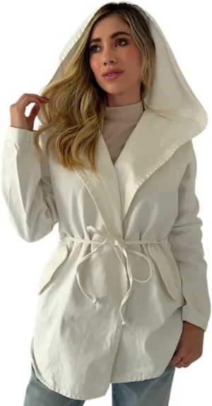 Womens hoddie denim Jacket Oversized tie waist jean jacket with hood