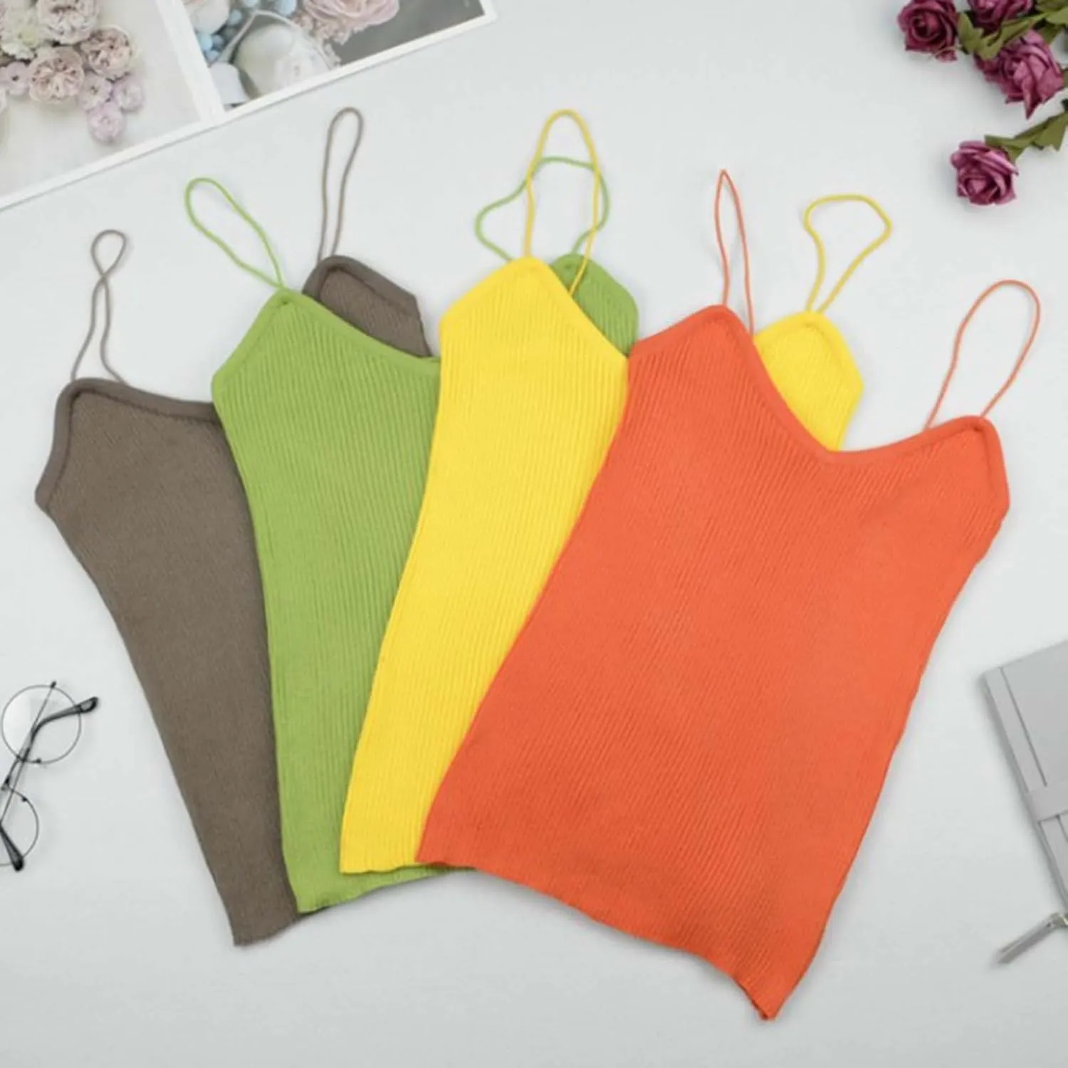 Women's Knit Tank Tops One Size Solid V-Neck Spaghetti Straps Sweater Vest Loose Fit Holiday Beach Camisole