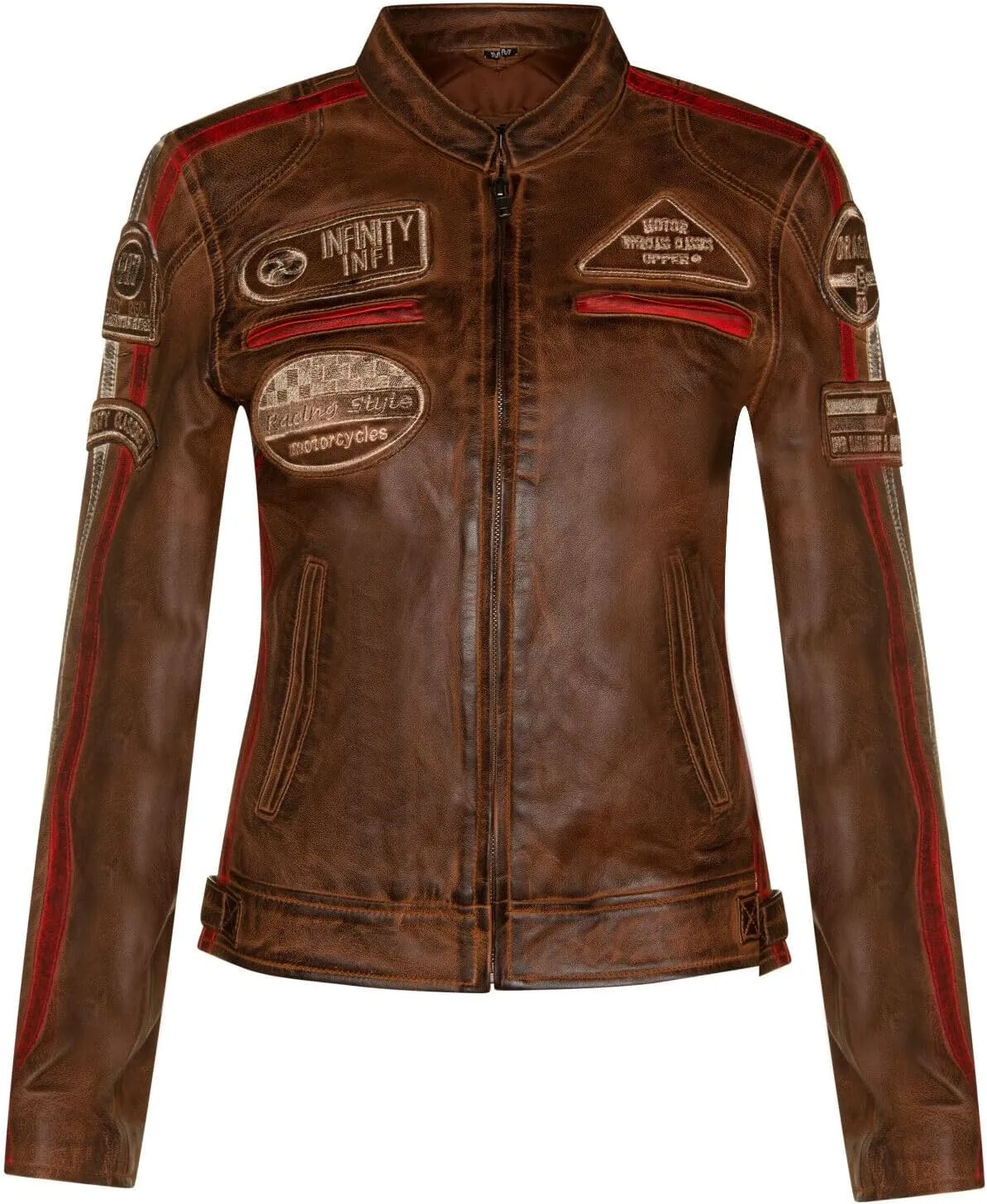 Womens Leather Biker Casual Racing Moto Badges Jacket