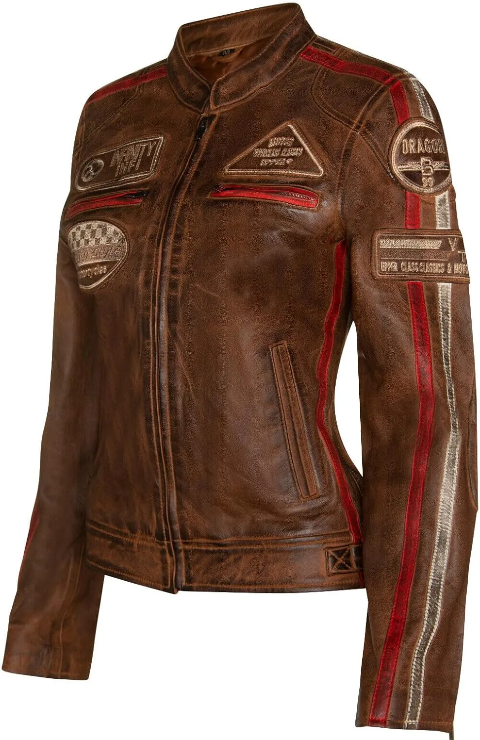 Womens Leather Biker Casual Racing Moto Badges Jacket