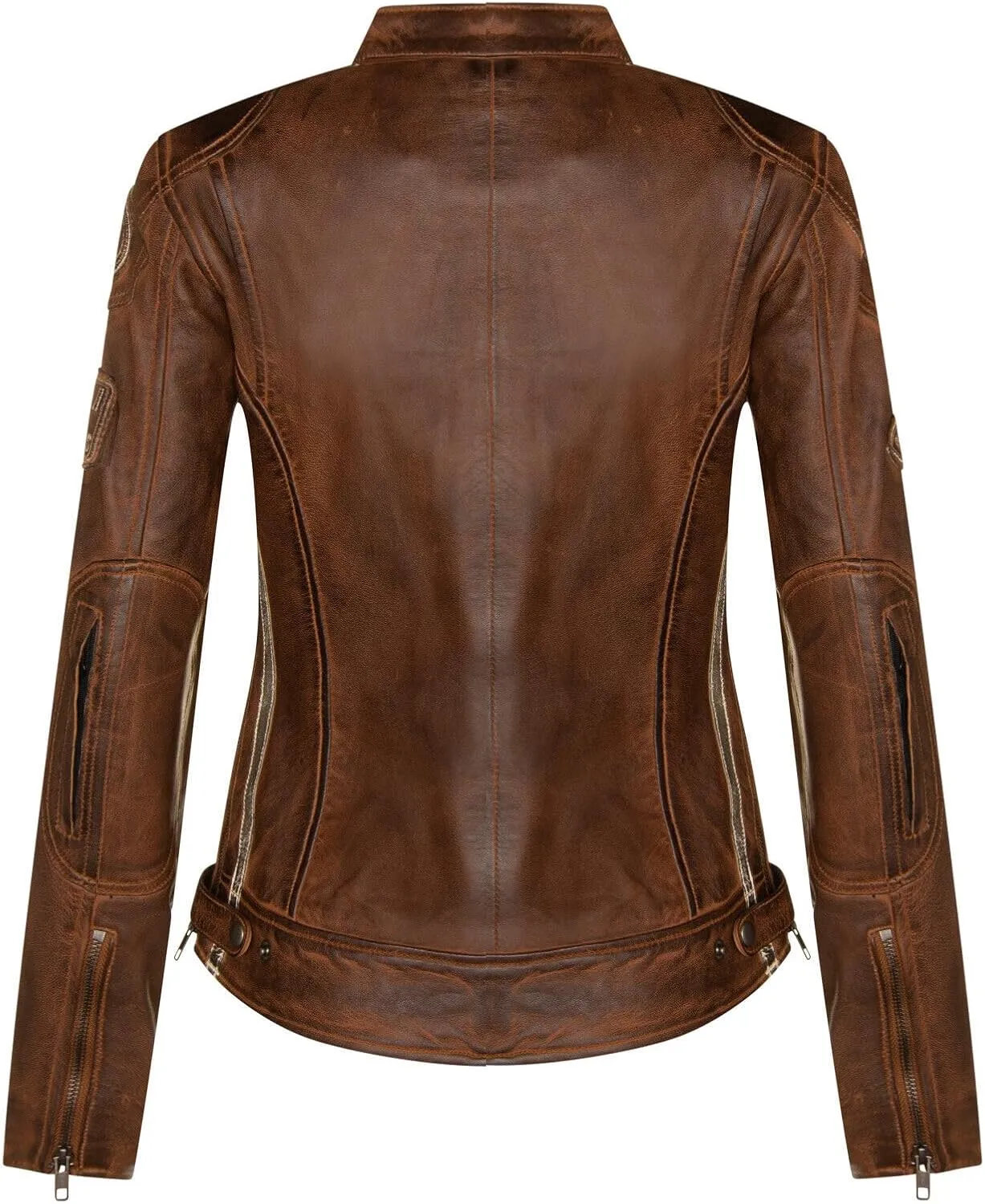 Womens Leather Biker Casual Racing Moto Badges Jacket