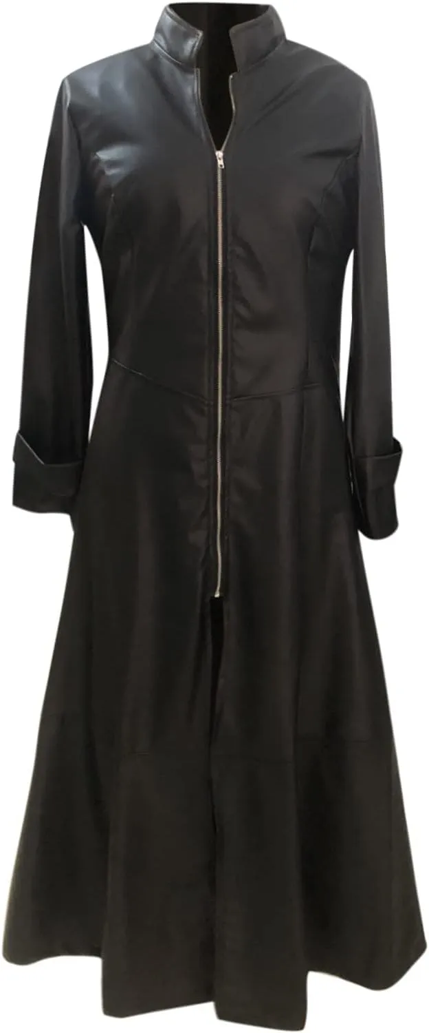 Womens Leather Long Sleeve Jacket Dress Lapel Full Zipper Faux Leather Long Jacket Coats Fashion Trench Coat Outwear