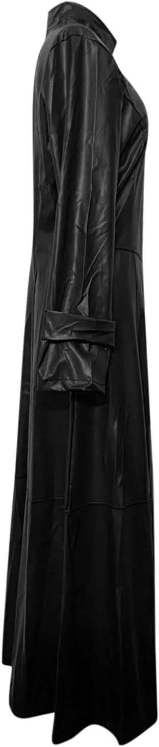 Womens Leather Long Sleeve Jacket Dress Lapel Full Zipper Faux Leather Long Jacket Coats Fashion Trench Coat Outwear